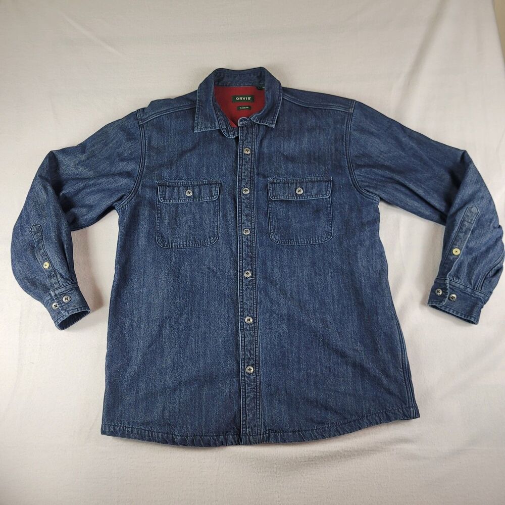 Orvis Denim Button-up Shirt-Jacket, Fleece Lining. Men's Large "Outdoor Shacket"